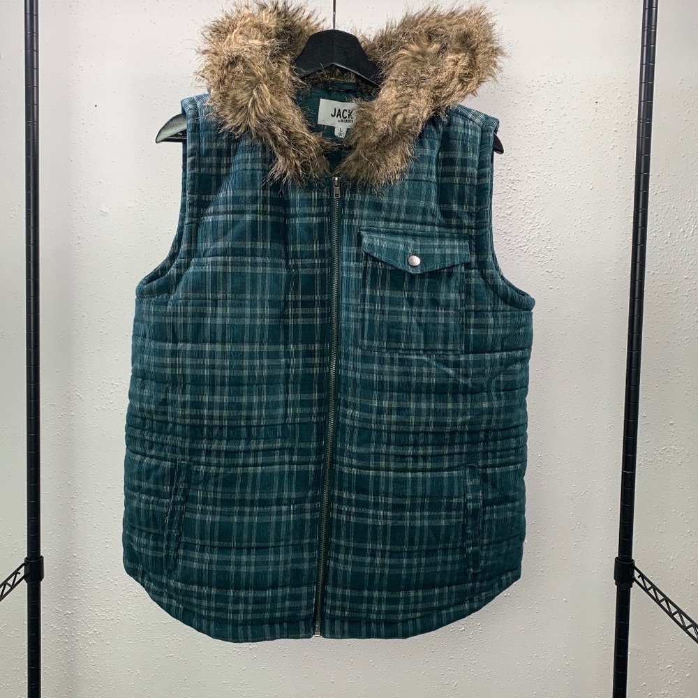 Brand new plaid vest with fur hood